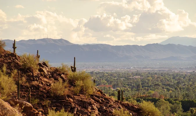 View of Phoenix and Tempe Arizona from Camelback Mountain in Arizona, US