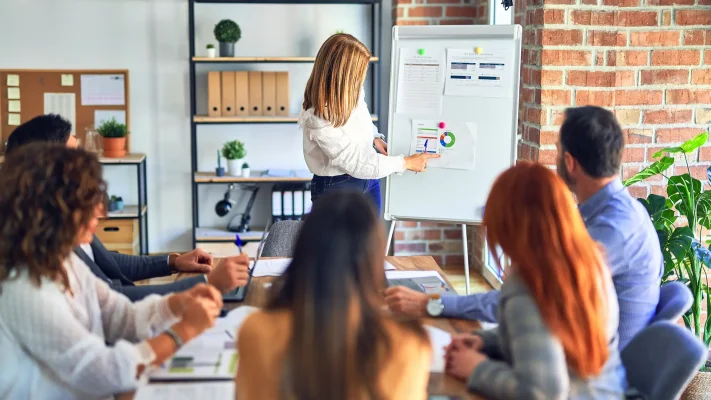 group in a board meeting with leader at the front writing on board